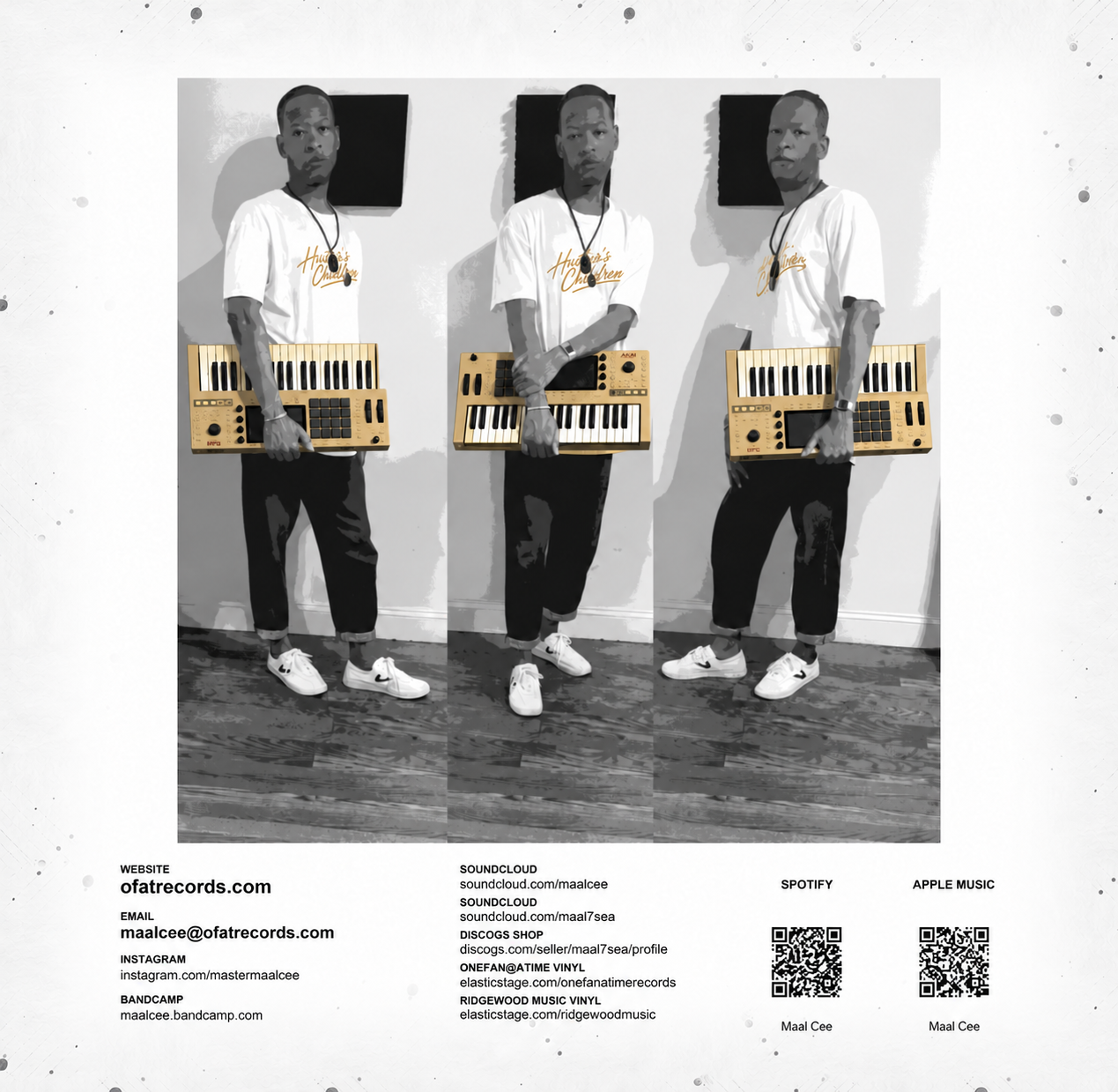 Maal Cee x3 - charcoal portraits with gold MPC casings and shirt lettering